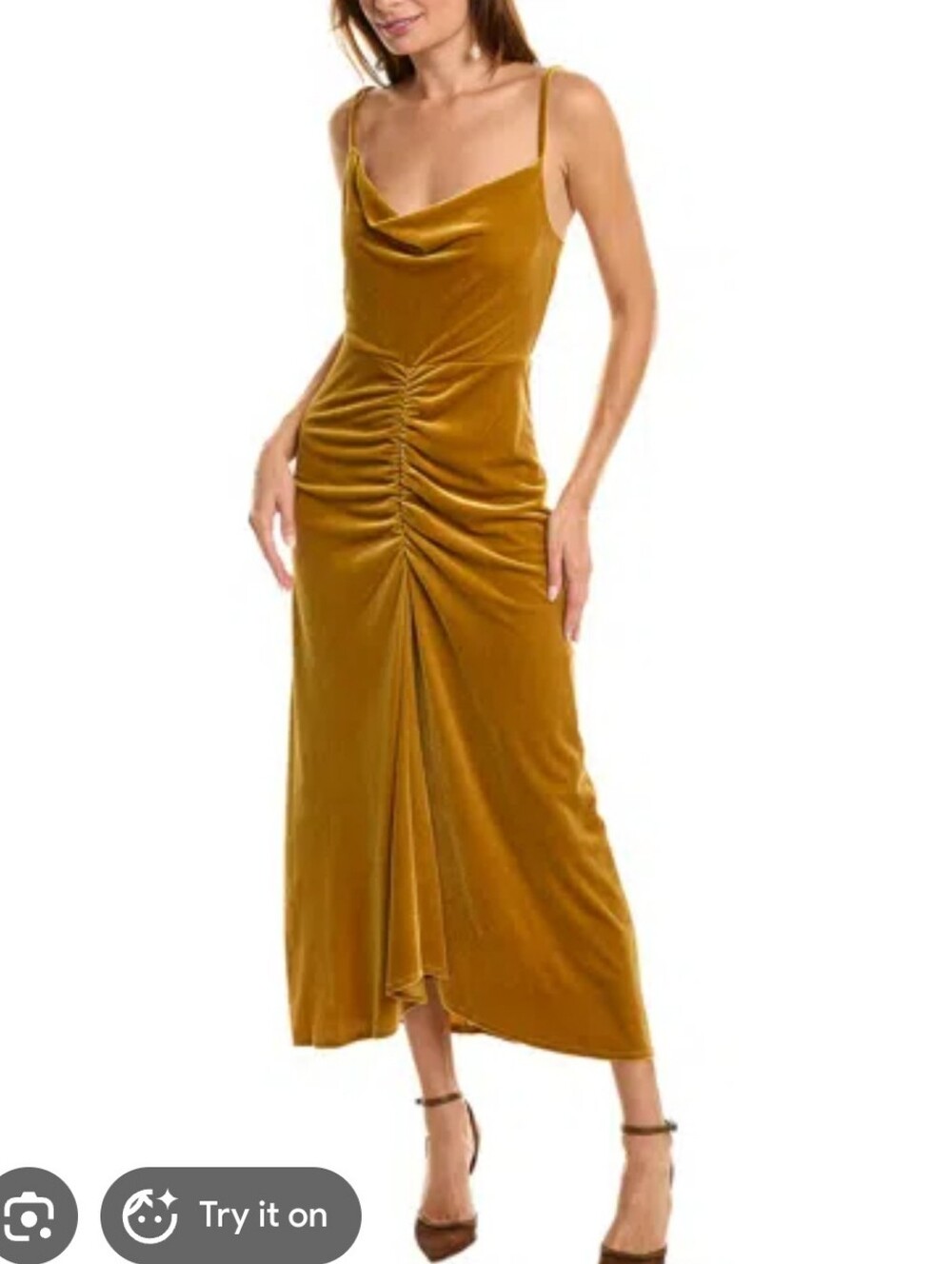 Golden Velvet Cowl Neck Maxi Dress with Ruched Front